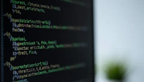 Écran affichant du code vert sur fond noir avec un effet de flou, servant de arrière-plan pour des textes liés aux logiciels et startups.