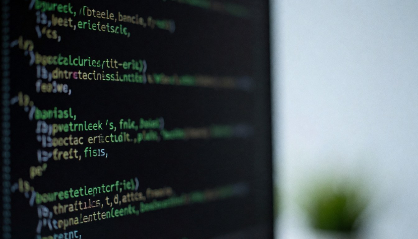 Écran affichant du code vert sur fond noir avec un effet de flou, servant de arrière-plan pour des textes liés aux logiciels et startups.