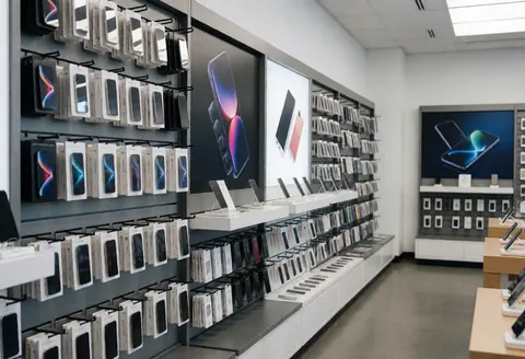 Vue intérieure d'un magasin de téléphones et d'électronique avant l'ouverture, avec des écrans et des accessoires disposés sur des étagères dans un espace lumineux et vide.