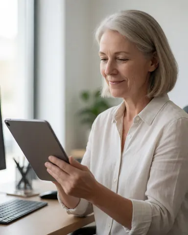 Une femme d'affaires heureuse examine une tablette dans un bureau lumineux et moderne, vêtue d'une chemise blanche.