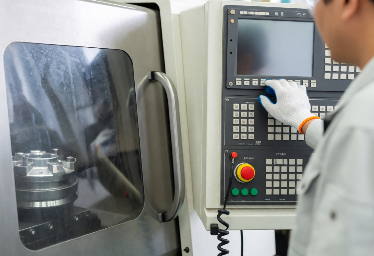 Machiniste portant un gant blanc actionnant les commandes d'une machine CNC avec une pièce métallique visible à travers la fenêtre du atelier industriel lumineux.