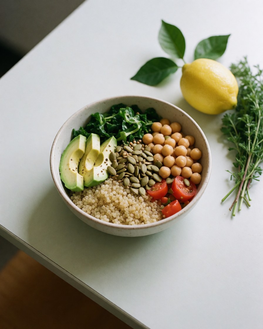 Un bol coloré et sain rempli de quinoa, avocat, pois chiches et légumes frais sur une table.