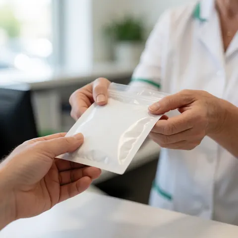 Des mains remettent un sac en plastique contenant un échantillon médical à la réception d'un laboratoire clinique.