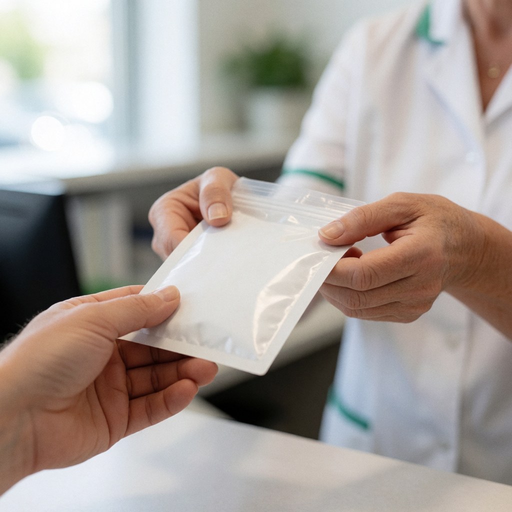 Des mains remettent un sac en plastique contenant un échantillon médical à la réception d'un laboratoire clinique.