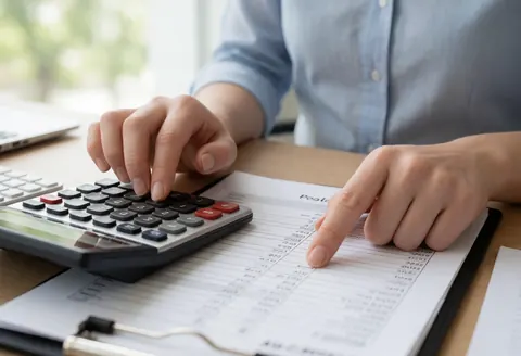 Un professionnel utilise une calculatrice et examine un formulaire d'assurance dans un environnement de travail réaliste avec une lumière naturelle.