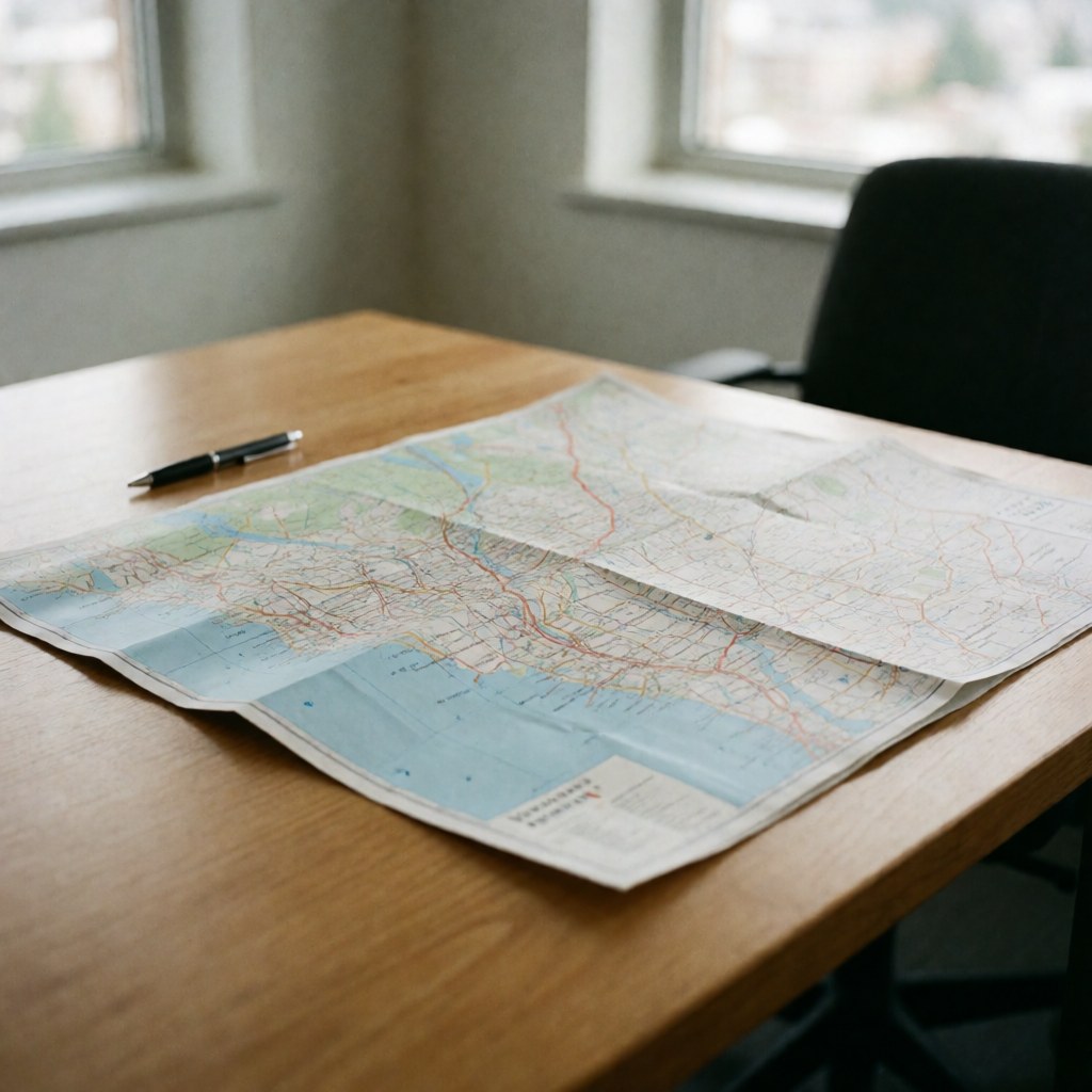 Une carte détaillée et un stylo bleu reposent sur une surface en bois clair près d'une fenêtre, évoquant la planification de voyages.