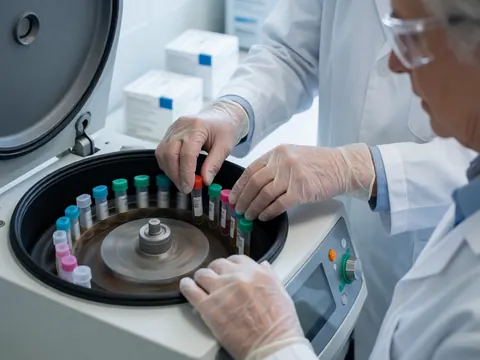 Technicien de laboratoire portant gants et lunettes place des tubes d'échantillon dans une centrifugeuse en rotation, dans un environnement propre et professionnel.