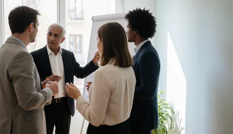 Quatre professionnels discutent devant un tableau blanc dans un bureau lumineux avec des plantes, favorisant un environnement de travail collaboratif et stratégique.