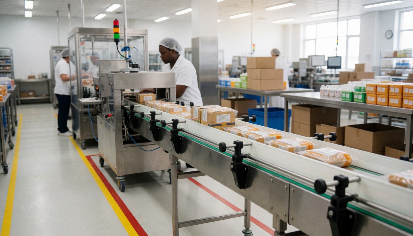 Vue d'une ligne de production en usine avec un convoyeur transportant des emballages sous un éclairage industriel.