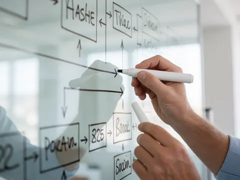 Une main écrit un diagramme de flux sur une table en verre dans un bureau lumineux, idéal pour les présentations et la formation professionnelle.