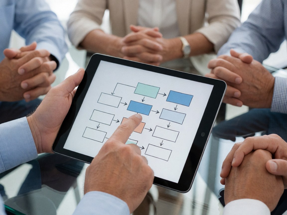 Groupe de professionnels en réunion, l'un indique un diagramme de flux sur une tablette posée sur une table en verre, dans un environnement moderne et clair.