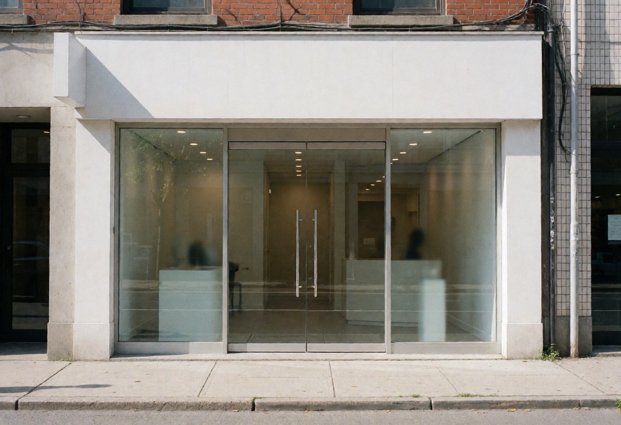 Façade d'un cabinet de conseil moderne avec portes en verre, intérieur propre et professionnel, idéal pour les ressources humaines, éclairage naturel du jour.