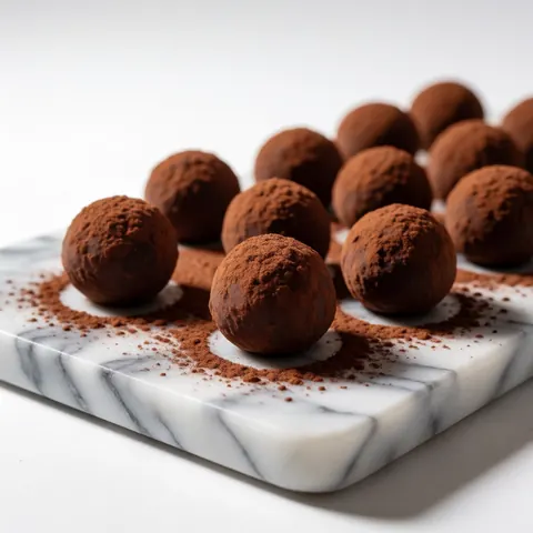 Des truffles artisanales enrobées de poudre de cacao reposent sur une surface en marbre blanc et gris, éclairage doux pour un rendu élégant.