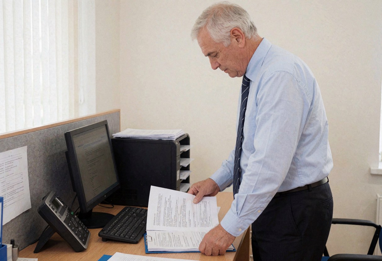 Un homme âgé assis à son bureau dans un bureau d'assurance, entouré d'un ordinateur, d'un téléphone et de papiers, dans un environnement professionnel réaliste.