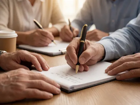 Des mains adultes prennent des notes dans un carnet sur une table en bois, à côté d'une tasse de café, lors d'une réunion professionnelle.