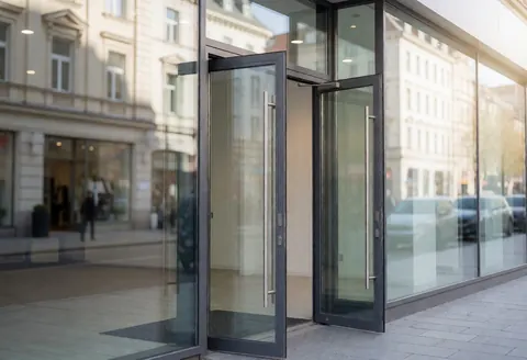 Porte en verre ouverte d'une agence de marketing digital sur fond urbain flou avec lumière du jour.