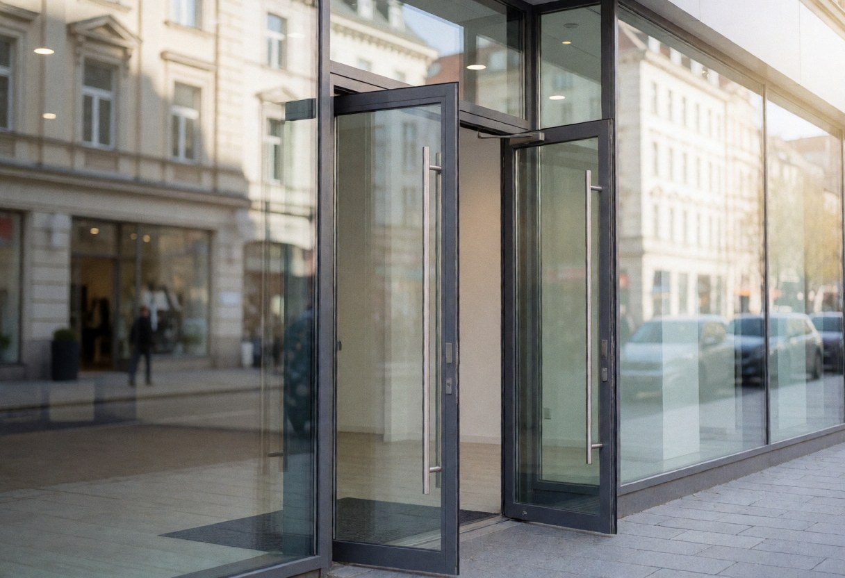 Porte en verre ouverte d'une agence de marketing digital sur fond urbain flou avec lumière du jour.