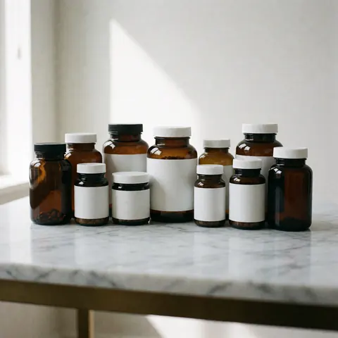Plusieurs bouteilles de compléments alimentaires disposées sur une surface en marbre blanc, éclairage naturel et fond propre pour mettre en valeur les produits.