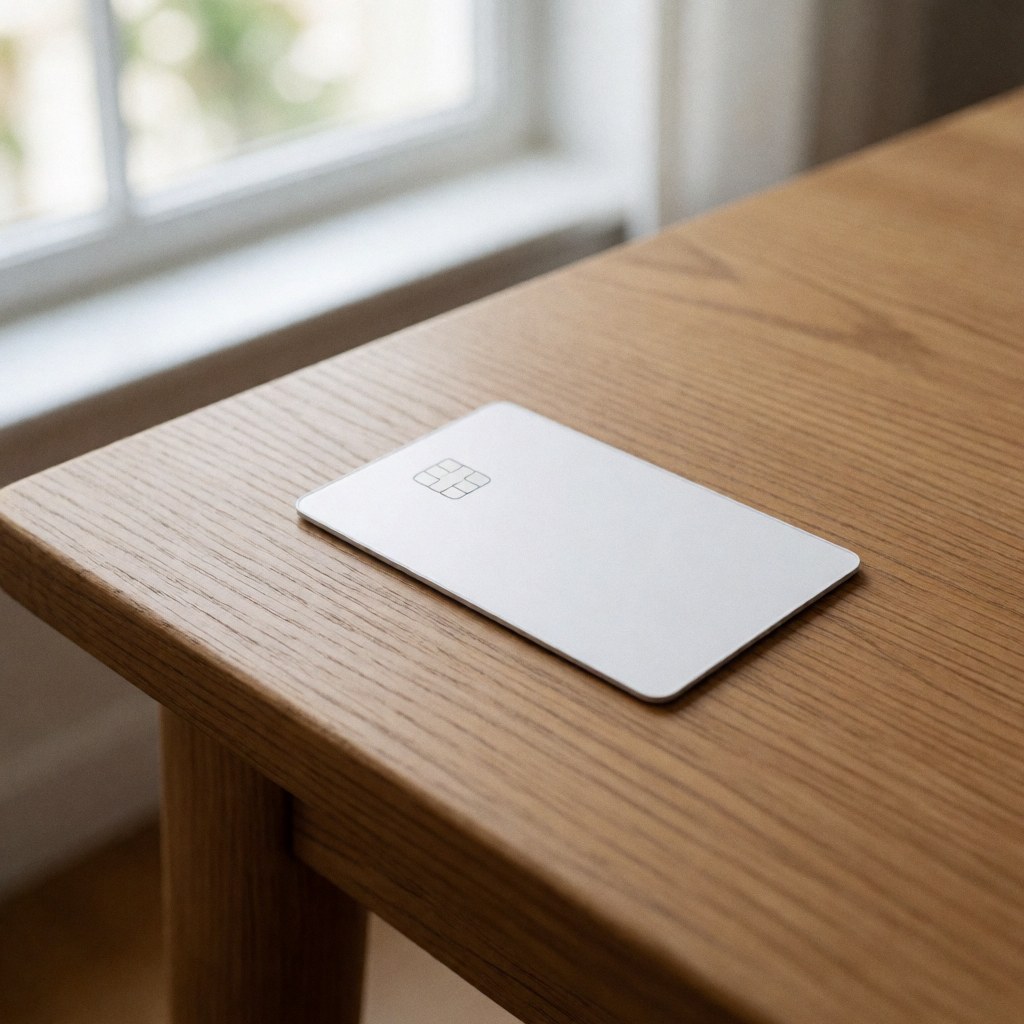 Une carte d'accès numérique posée sur une surface en bois clair, éclairée par une lumière naturelle, dans un environnement minimaliste et moderne.