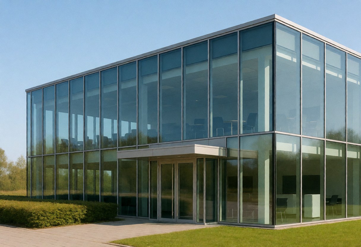 Façade vitrée d'un immeuble de bureaux contemporain avec entrée principale, pelouse verte et ciel bleu, adapté pour un centre de formation en ligne.