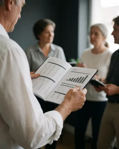Un consultant senior montre un rapport avec des graphiques à son équipe lors d'une réunion. Les personnes sont debout, attentives, avec un fond flou et une lumière naturelle.