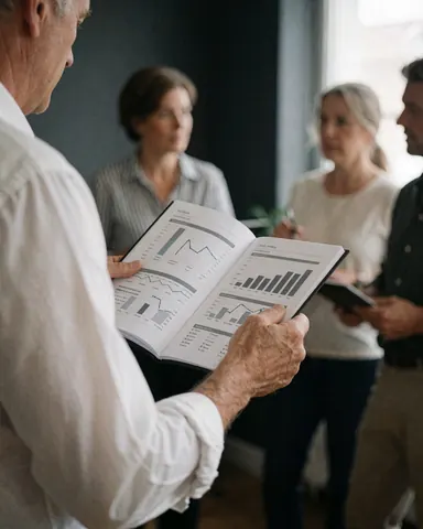 Un consultant senior montre un rapport avec des graphiques à son équipe lors d'une réunion. Les personnes sont debout, attentives, avec un fond flou et une lumière naturelle.