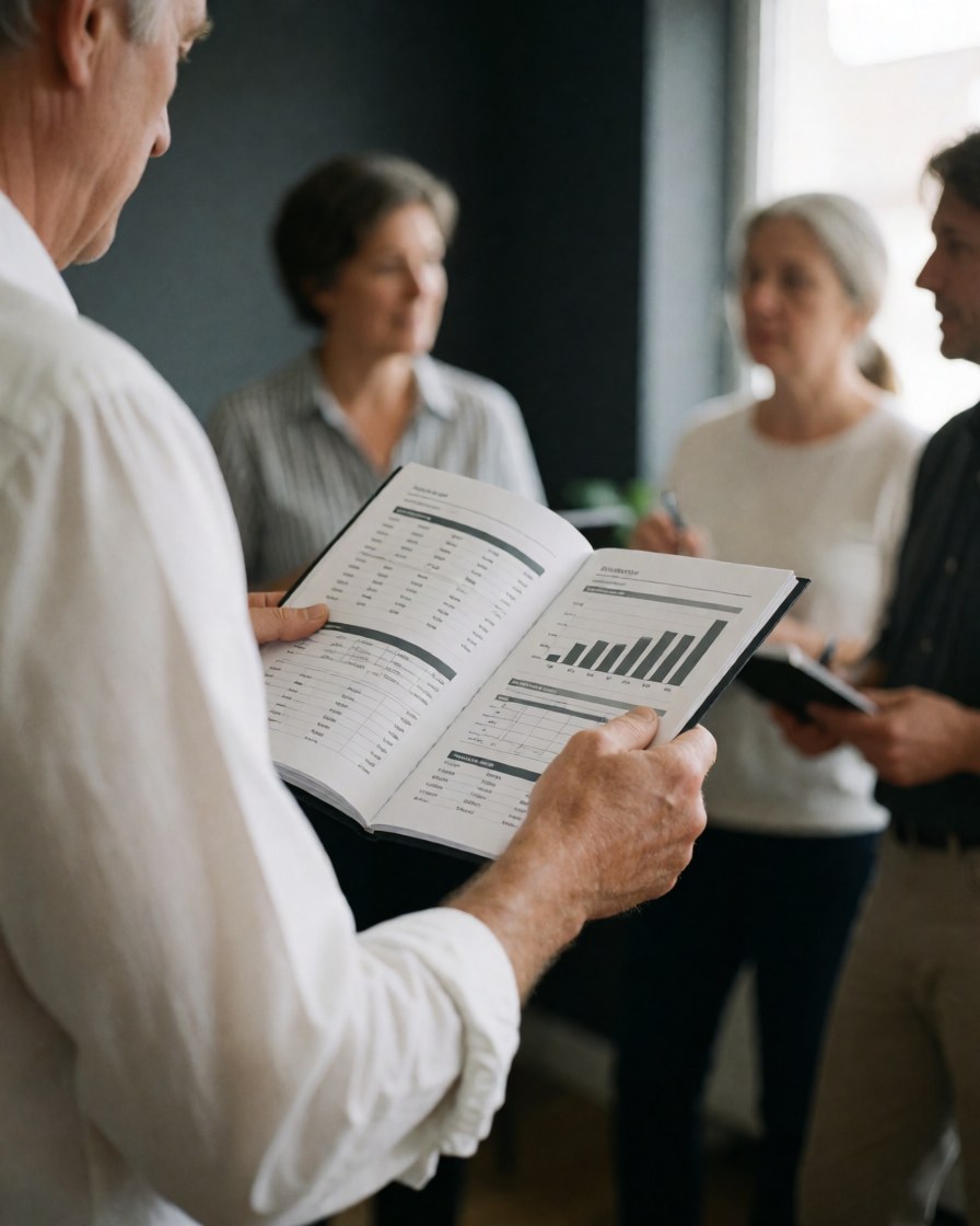 Un consultant senior montre un rapport avec des graphiques à son équipe lors d'une réunion. Les personnes sont debout, attentives, avec un fond flou et une lumière naturelle.