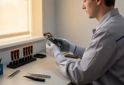 Un technicien en uniforme gris répare un téléphone démonté sur une table rangée avec des outils sous la lumière naturelle d'une fenêtre.