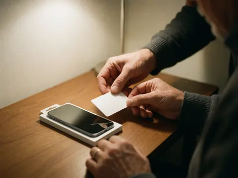 Une main dépose une carte blanche de garantie près d'un protecteur d'écran pour téléphone sur une table en bois, éclairée par une lumière chaude.