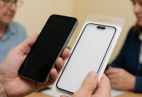 Un technicien applique avec soin un protecteur d'écran sur un téléphone portable dans un magasin de technologie.
