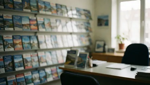 Vue d'un bureau d'agence de tourisme avec des brochures, une chaise, une plante et une fenêtre laissant entrer la lumière du jour sur un fond blanc et bleu.