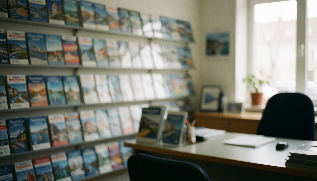 Vue d'un bureau d'agence de tourisme avec des brochures, une chaise, une plante et une fenêtre laissant entrer la lumière du jour sur un fond blanc et bleu.