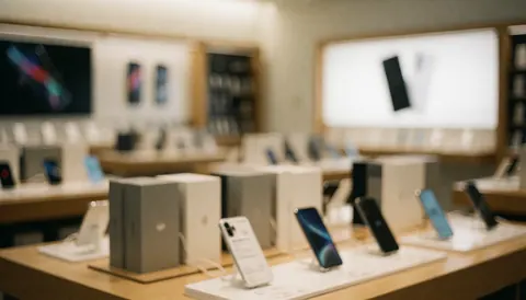 Fond flou d'un magasin de smartphones affichant des appareils sous éclairage chaleureux, offrant un espace libre pour ajouter du texte commercial ou publicitaire.