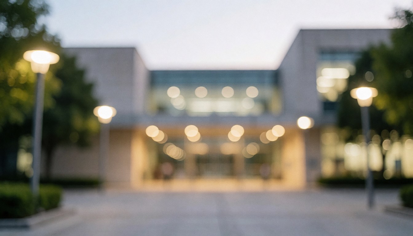 Façade contemporaine d'un campus universitaire baignée par la lumière dorée du soir avec un effet de flou artistique en arrière-plan.