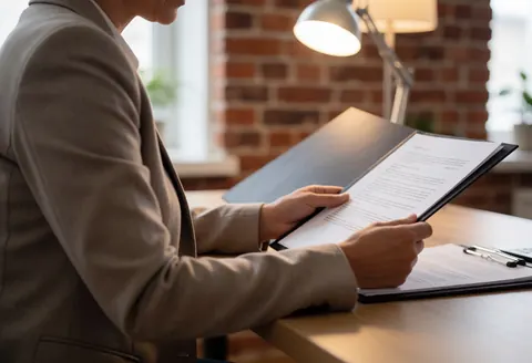 Un agent d'assurance vérifie des papiers dans un bureau professionnel avec un mur en briques et une lumière chaude.