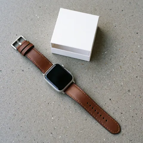 Une montre intelligente moderne avec un bracelet en cuir posée sur une surface grise texturée près d'une boîte blanche, mettant en valeur le design et les matériaux.