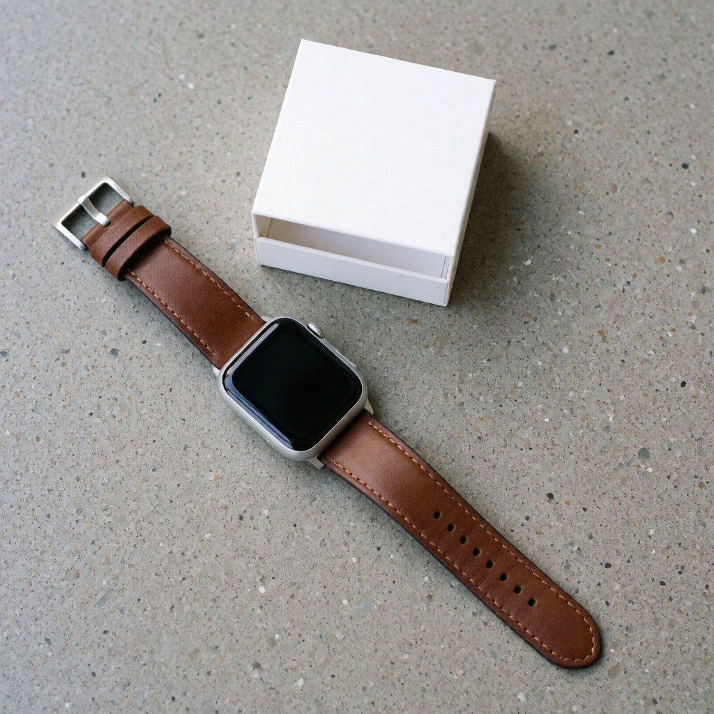 Une montre intelligente moderne avec un bracelet en cuir posée sur une surface grise texturée près d'une boîte blanche, mettant en valeur le design et les matériaux.