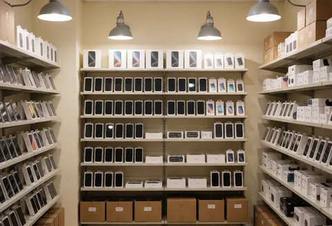 Entrepôt de téléphones et accessoires avec étagères bien organisées, éclairage pratique et murs beige, idéal pour un commerce de technologie.