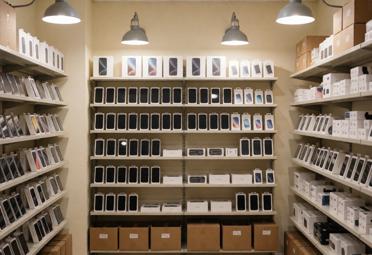 Entrepôt de téléphones et accessoires avec étagères bien organisées, éclairage pratique et murs beige, idéal pour un commerce de technologie.