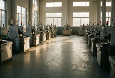 Usine industrielle vide avec machines de production alignées, lumière naturelle par les fenêtres, sol en béton poli, environnement propre et ordonné prêt à fonctionner.