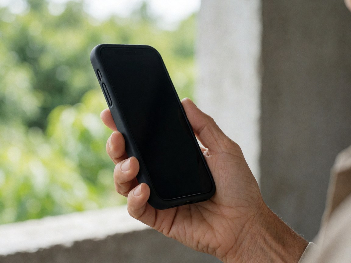 Gros plan d'une main tenant un smartphone devant une fenêtre avec du feuillage vert et de la lumière naturelle.