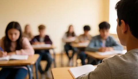 Vue d'une salle de classe avec des étudiants assis à leurs pupitres, concentrés sur leurs cahiers et livres.