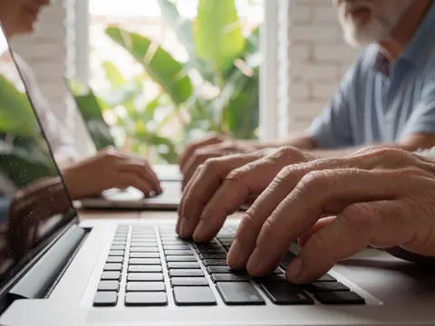 Des mains posées sur un clavier d'ordinateur portable, baignées par une lumière naturelle filtrant à travers une fenêtre, mettant en valeur des particules de poussière dans l'air.