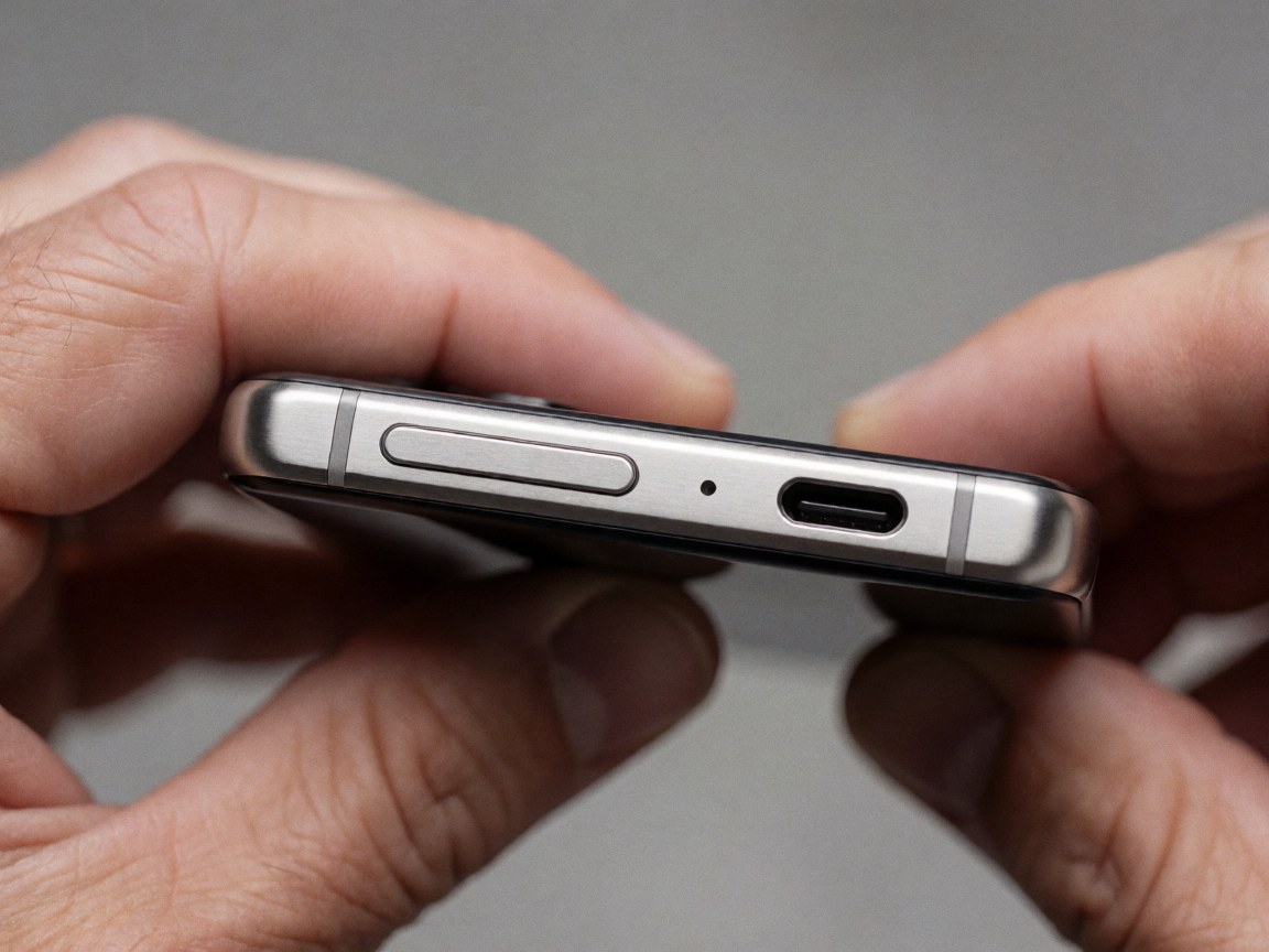 Mains tenant un téléphone avec le port de charge et le bouton d'alimentation en premier plan sur fond gris doux, design industriel et métallique.