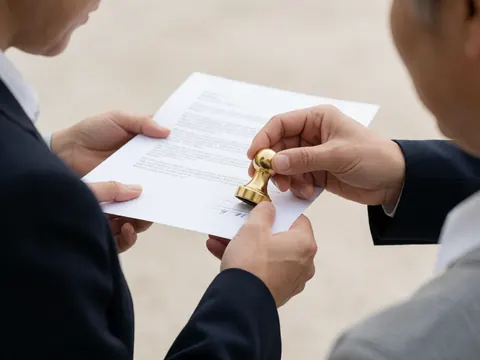 Gros plan d'un sceau officiel doré posé sur un papier blanc, symbolisant la validation et l'authenticité d'un certificat ou d'un contrat professionnel.