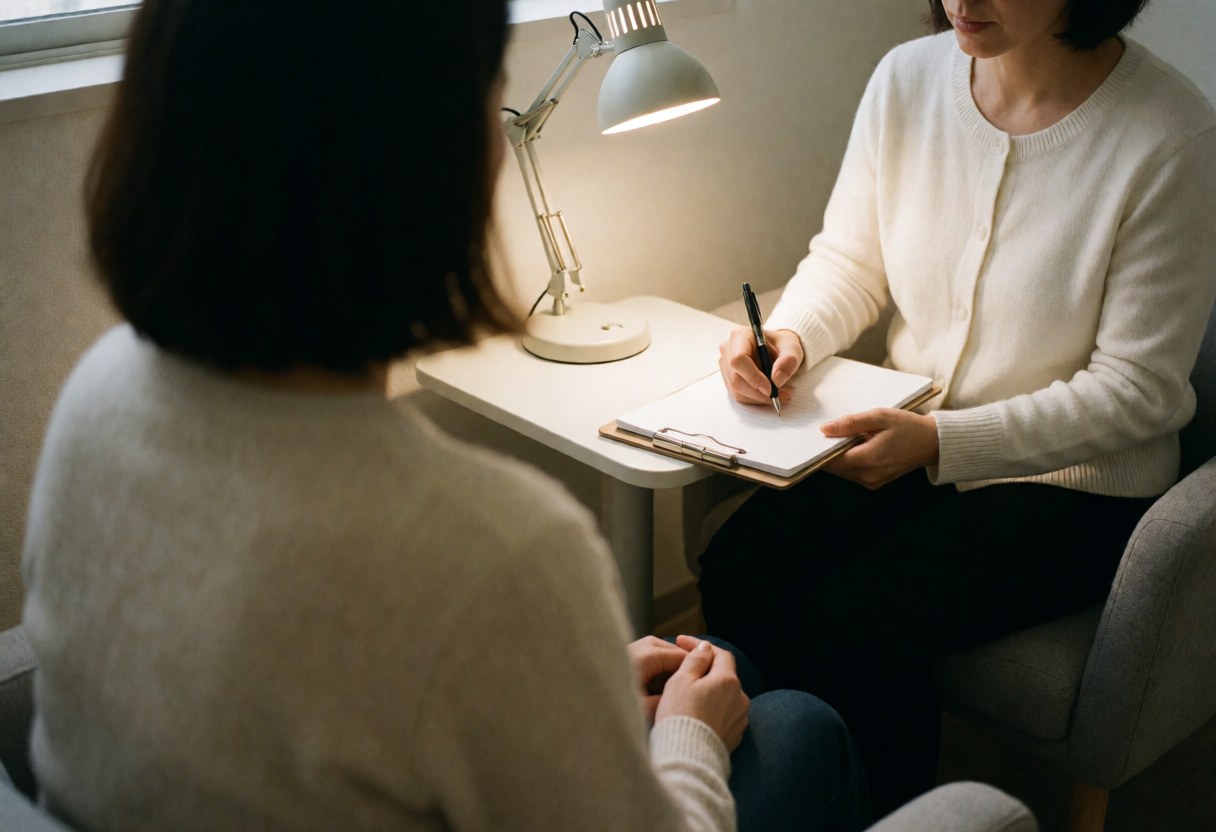 Psychologue écrivant dans un carnet avec un crayon, cliente assise face à elle, lampe de bureau allumée, ambiance professionnelle et chaleureuse.