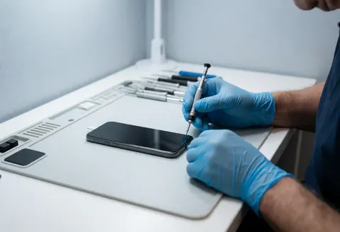 Un technicien portant des gants bleus répare un smartphone à l'aide d'un tournevis sur une table blanche, dans un environnement professionnel et propre.