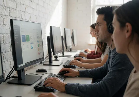 Des étudiants adultes concentrés sur leurs projets informatiques dans un laboratoire aux murs de briques blanches, utilisant des casques et travaillant à distance.
