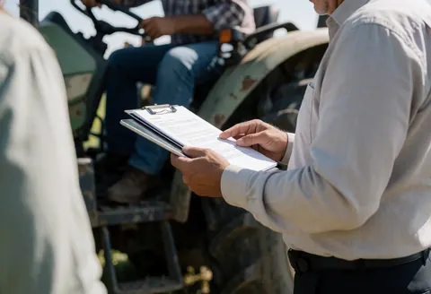 Un agent d'assurance examine des papiers dans un champ avec un tracteur en arrière-plan, illustrant un service professionnel et réaliste.