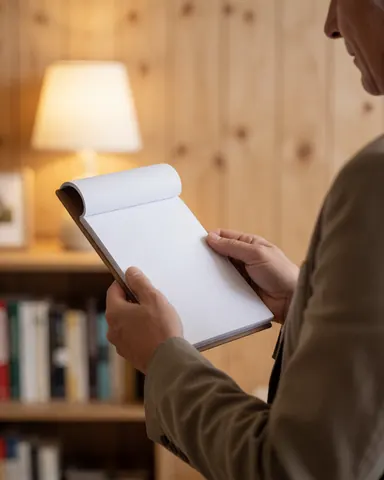 Un client adulte consulte un carnet ouvert aux pages blanches dans un bureau professionnel avec étagères et lampe en arrière-plan.
